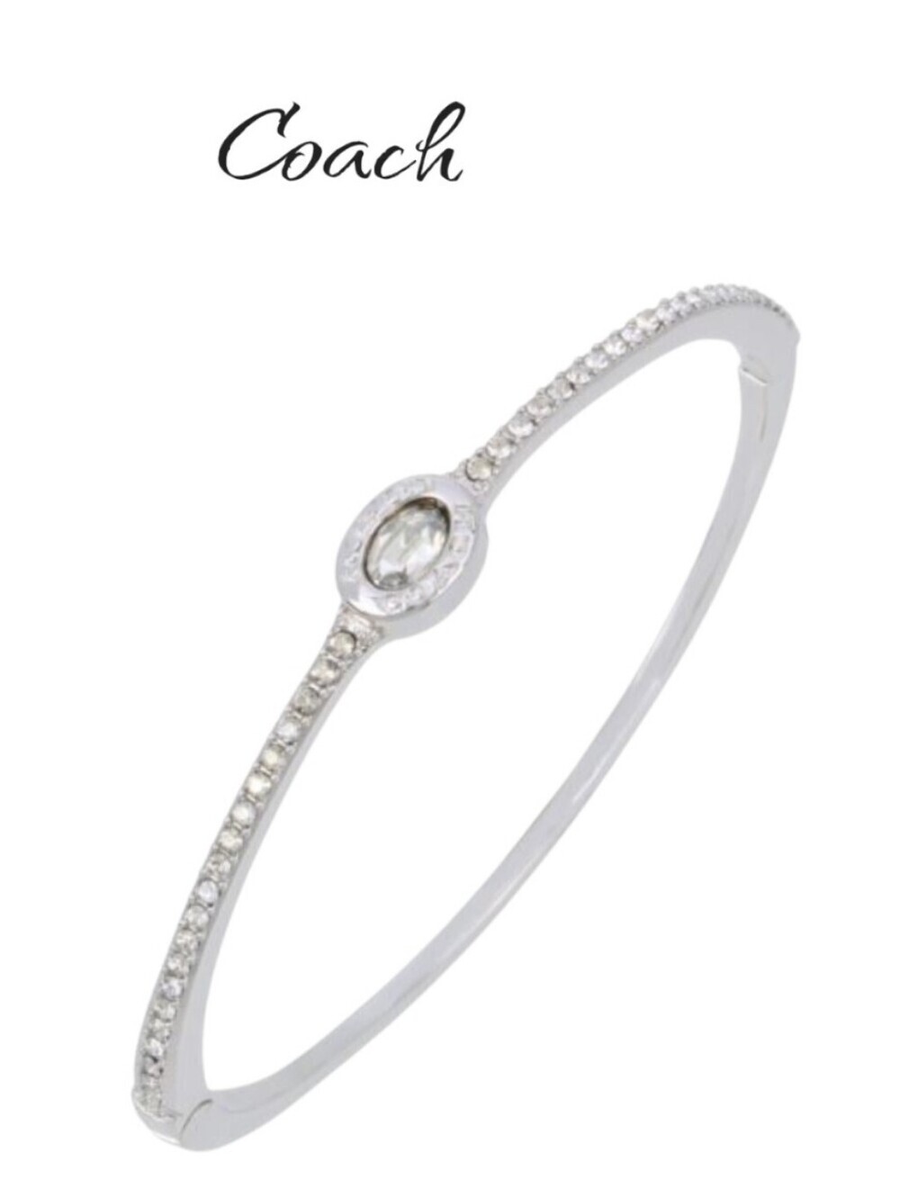 COACH Signature Logo Pavé Hinged Bangle Bracelet Silver Crystal New